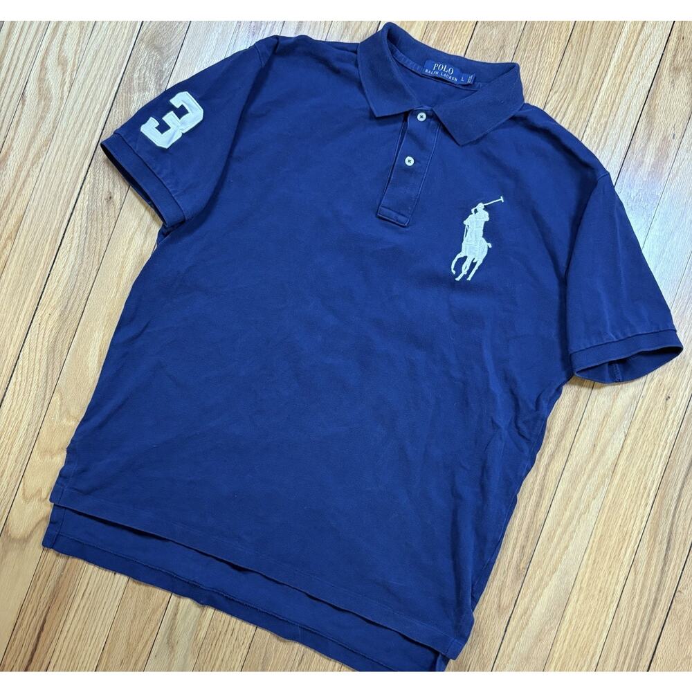 Polo Ralph Lauren Men’s Large White Big Pony Polo Shirt Navy Blue 3 Sleeve
